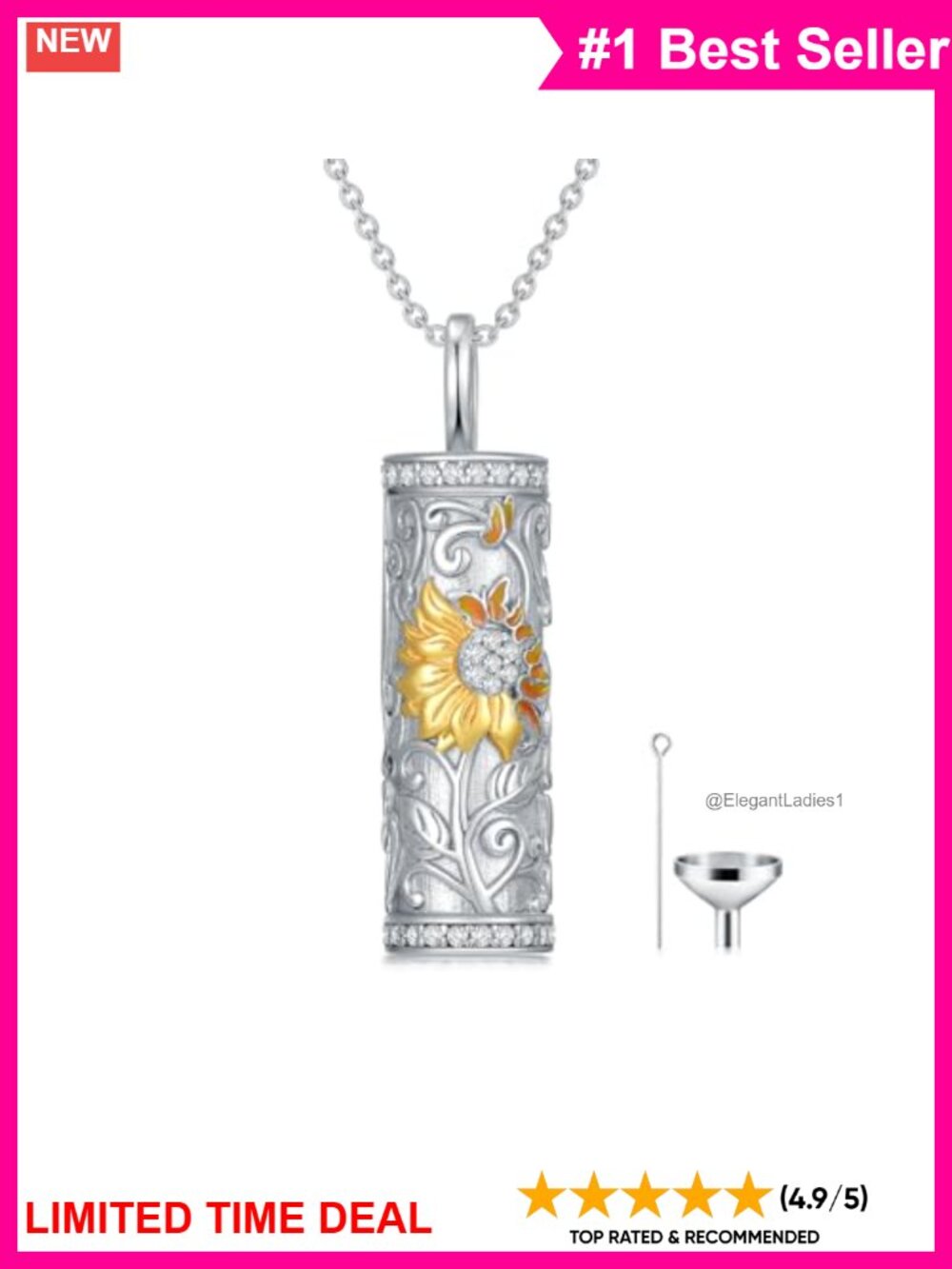 925 Sterling Silver Urn Necklace Sunflower Ashes Memorial Pendant